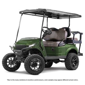 Green off-road golf cart with canopy and rugged tires.