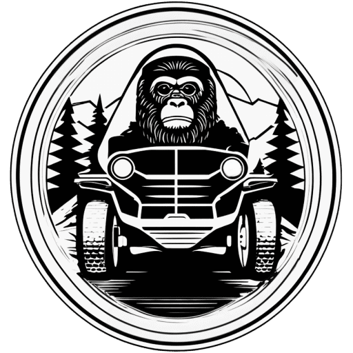 Gorilla driving off-road vehicle in mountainous terrain illustration.