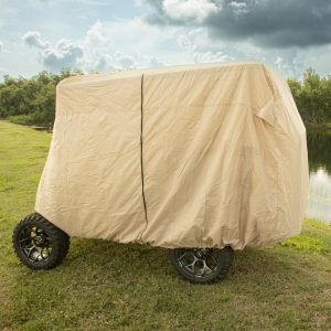 Golf cart cover protecting RedDot 84” golf cart from weather elements.