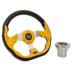 Steering wheel for Club Car DS golf carts, yellow with chrome adaptor kit, vintage racing style.