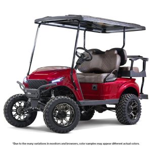 EZGO TXT golf cart with MadJax® Storm Cherry Metallic body kit and custom wheels.