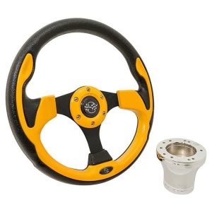 High-quality yellow rally steering wheel with chrome adapter for Club Car DS golf carts.