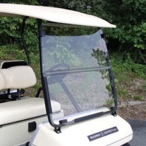 Yamaha G14-G16-G19 golf cart with red dot tinted folding windshield for protection.