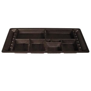 Durable black underseat tray with 10 compartments for EZGO TXT golf carts.
