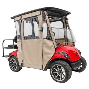 Enclosure for E-Z-GO RXV golf cart with durable vinyl and clear windows. Perfect for weather protect.