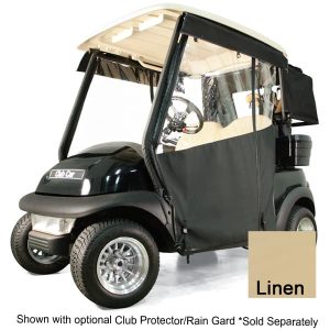 EZGO golf cart with linen soft enclosure and optional rain guard. Perfect for comfort and protection.