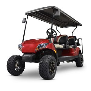 Electric golf cart with custom stretch kit for enhanced comfort and style. Perfect for golf courses.