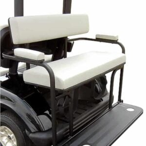 Electric golf cart rear seat with beige upholstery, designed for comfort and versatility.