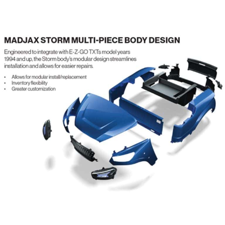 High-Quality MadJax Storm Body Kit for EZGO TXT golf carts. Custom multi-piece design for easy insta.