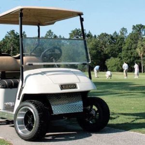 Clear impact-resistant folding windshield for E-Z-GO Express golf carts.