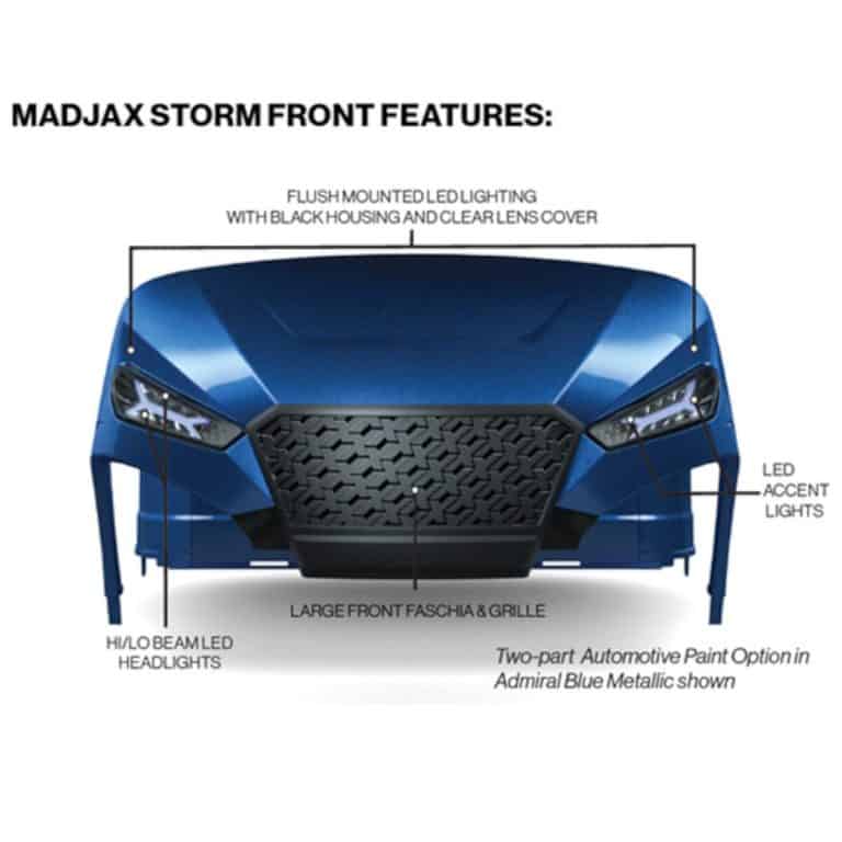 EZGO TXT MadJax Storm Body Kit with front grille and LED headlights.