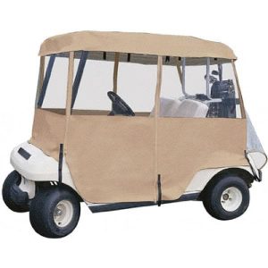 Enclosure for golf carts with 4 sides and 2 passengers, tan color, weather-resistant soft material.
