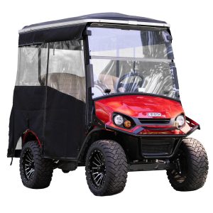 EZGO Express S4 Elite golf cart with black enclosure and rugged tires.