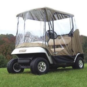 Enclosure for golf cart with 4-sided sand-colored design, universal fit, and weather protection. Per.