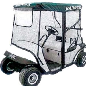Golf Cart with Over-the-Top Mesh Enclosure for Safety and Comfort.