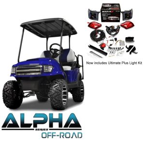 Custom blue off-road body kit for Club Car Precedent with Ultimate Plus Light Kit.