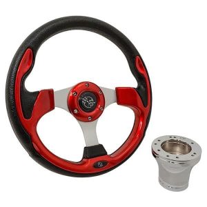 High-quality red rally steering wheel with chrome adaptor for Club Car DS golf carts. Perfect upgrad.