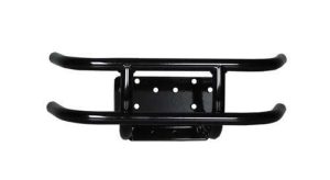 Black front bumper with integrated winch mount for Jeep off-road vehicles.