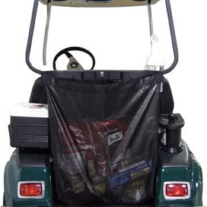 Golf cart with a convenient buggy bag storage system for easy access and organization.