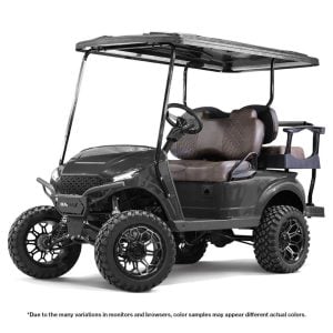 Golf cart with MadJax® Storm Body Kit for EZGO TXT, featuring a sleek gunmetal metallic finish.