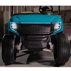 Custom golf cart with MadJax® APEX Aqua body kit and LED headlights.