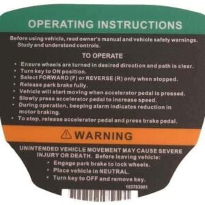 Decal with operating instructions for Club Car Precedent electric golf cart (2012 and newer).