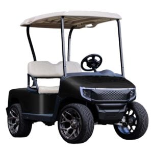 Custom golf cart with MadJax® APEX Black Body Kit and white seats.