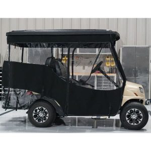 EZOG RXV golf cart with black and red chameleon soft enclosure.