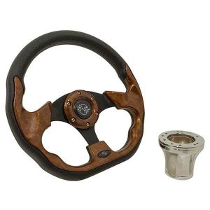Woodgrain Race Steering Wheel with Chrome Adapter for Club Car Precedent.