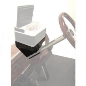 Universal steering column tray holding a 6-pack cooler for easy access.