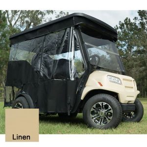 EZGO RXV golf cart with linen-colored soft enclosure for protection and style.