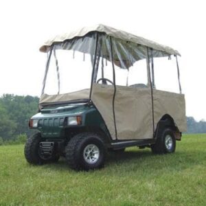 Enclosure for 80in tops, 4-passenger golf cart with beige soft sides and roof. Perfect for outdoor p.