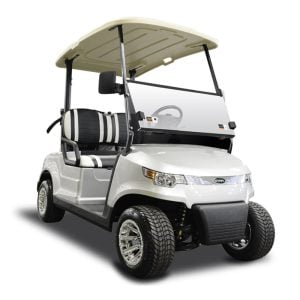 Electric golf cart with top for two passengers, ideal for golf courses and resort transportation.