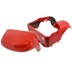 Red metallic body kit for EZGO TXT/T48 golf carts, includes front and rear panels. Perfect for custo.