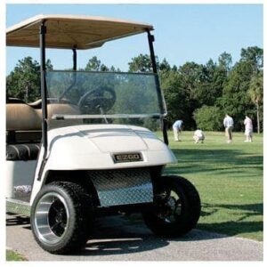 Clear impact-resistant folding windshield for EZGO ST350 golf cart.