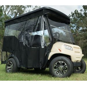 EZOG RXV golf cart with custom black soft enclosure for 4 passengers, ideal for golf courses and out.