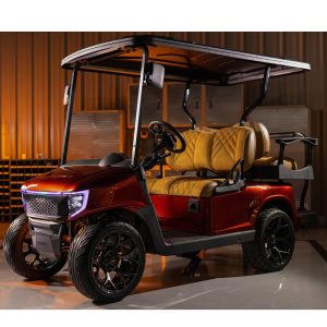 Custom golf cart with Carmine Red Metallic finish and sleek design.