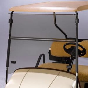 EZGO ST350 golf cart with red tinted folding windshield for added protection.