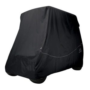 Black heavy-duty storage cover for golf cart or utility vehicle.