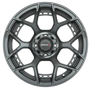 High-performance 15" MadJax Flow Form Evolution wheel in gunmetal finish, designed for durability an.