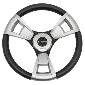 EZGO TXT-RXV Gussi Italia Model 13 black brushed steering wheel for golf carts.