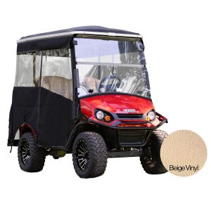 EZGO Express S4 Elite golf cart with beige vinyl enclosure and 80” non-modular top.
