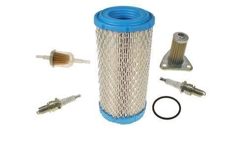 Deluxe EZGO ST350 4-cycle tune-up kit including oil filter, spark plugs, and parts for maintenance.