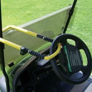 Secure club storage with utility lock on golf cart dashboard.