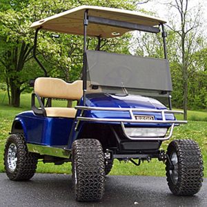 EZGO TXT golf cart tinted folding windshield for model years 1994.5 to 2013, providing protection an.