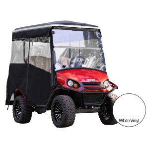 RedDot EZGO Express S4 Elite golf cart with vinyl enclosure and custom track style roof.