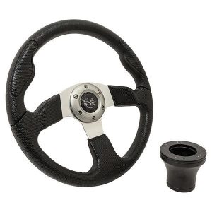 High-quality GTW black rally steering wheel with black adaptor for Club Car Precedent models.