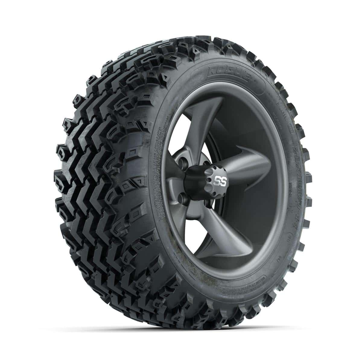 Matte grey 14-inch wheel with rugged off-road tire for golf carts.