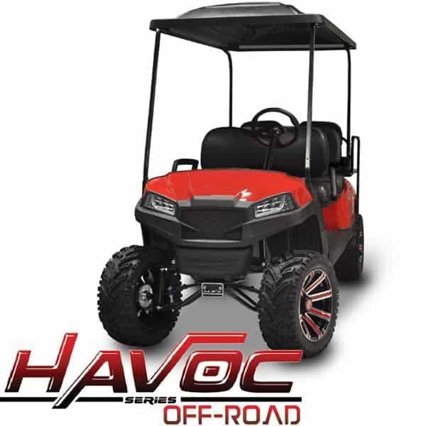 Off-Road Yamaha G29/Drive HAVOC front cowl kit in red for enhanced durability and style. Perfect for.