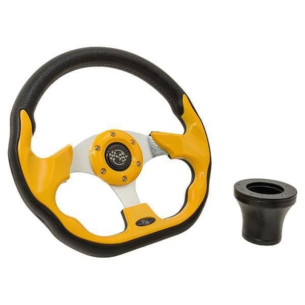 Club Car DS yellow racing steering wheel with black adaptor.